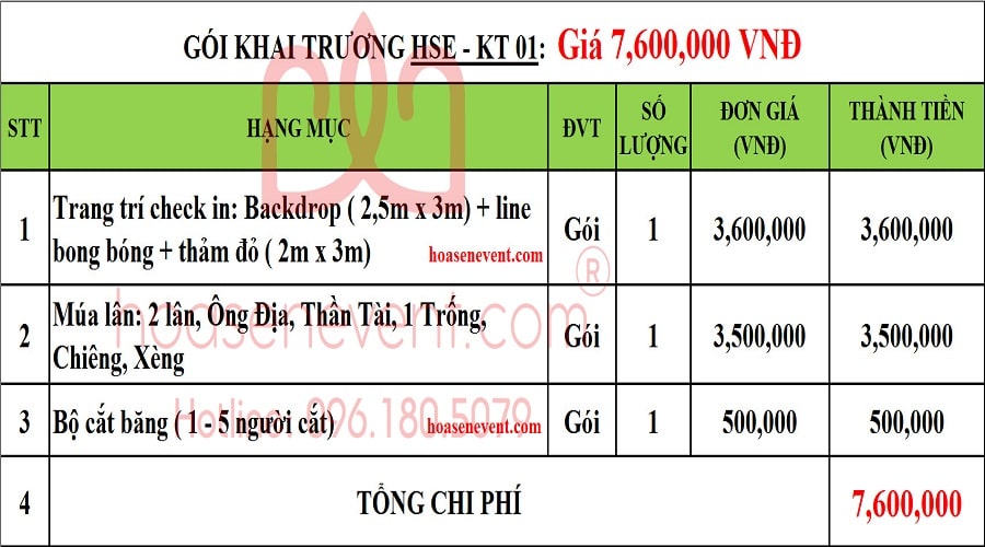 Gói tổ chức khai trương trọn gói HSE-KT01: 7,600,000 VNĐ