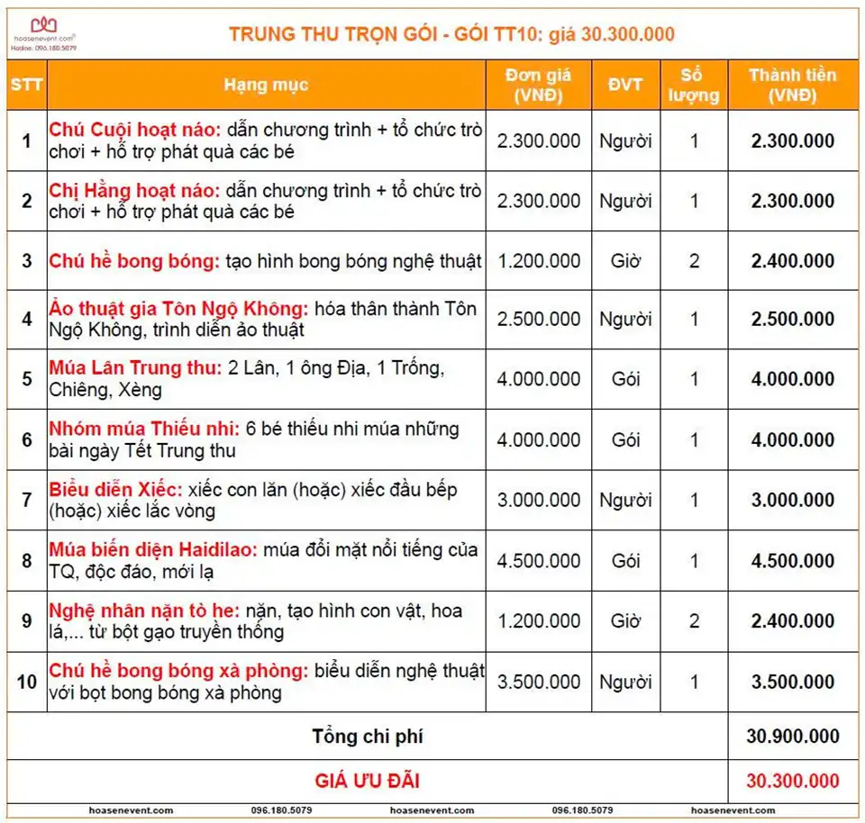 Gói tổ chức trung thu TT10