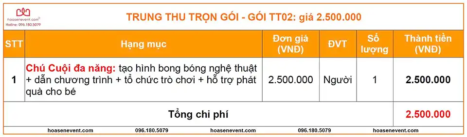 Gói tổ chức trung thu TT02