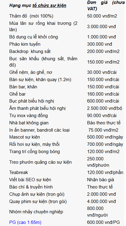 Bảng giá dịch vụ thiết bị sự kiện