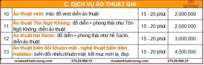 Báo giá dịch vụ ảo thuật